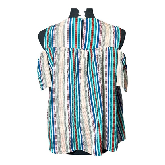 Monteau Open Shoulder Cream Multicolor Striped Baby Doll Top Size Large - Picture 3 of 6
